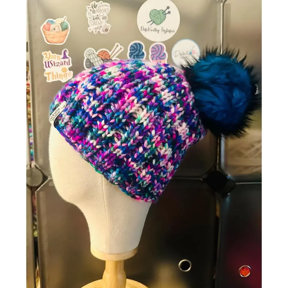 Hand Knit Merino Wool Beanie: Bulky Chic Hat with Faux Fur Pom